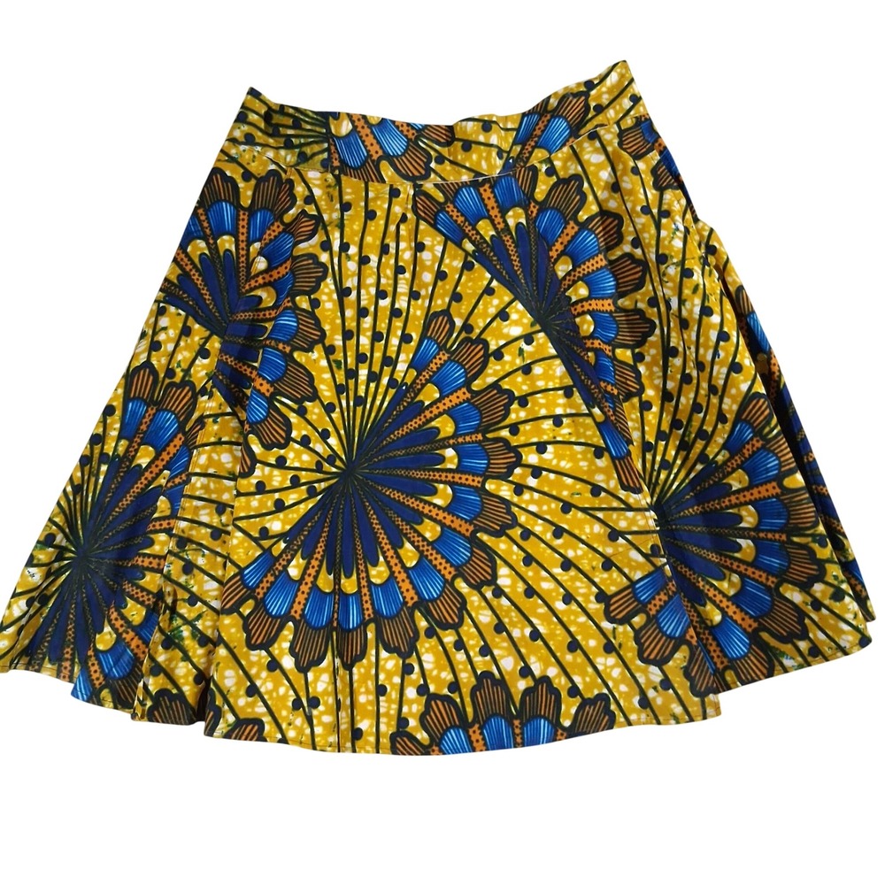 Handmade African Wax Print A-Line Mini Skirt Yellow Blue Sunburst Tribal Pockets